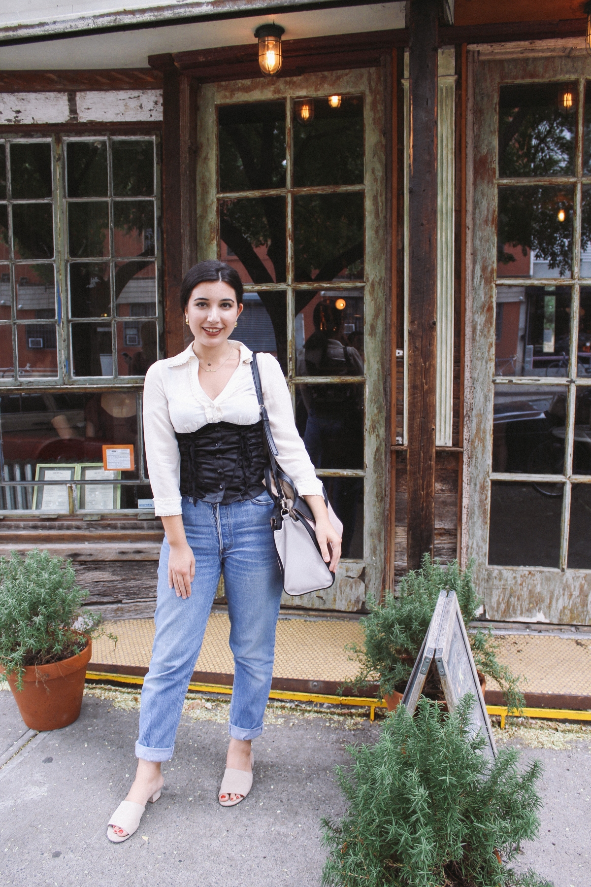 Milk and Roses, Brooklyn, lookbook, corset, blouse, slides, mules, Kate Spade, fashion blogger, style, fashion, high fashion, every day look, outfit of the day, ootd, Levis, books, coffee, tea, coffee shop, New York