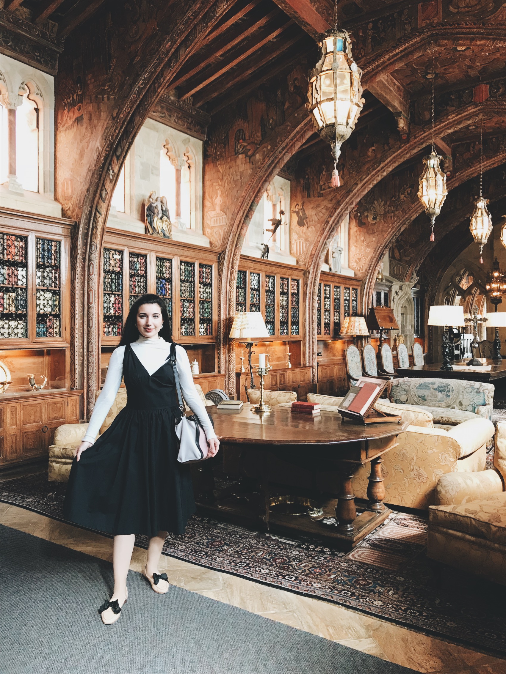 Hearst Castle, California Travel, castle, nineteenth century, lookbook, fashion blogger, fashion, style, style blogger, travel, travel blogger, black dress, white turtleneck, Kate Spade, loafers, European architecture, outfit of the day, ootd, look of the day, Greek architecture, history, 19th Century art