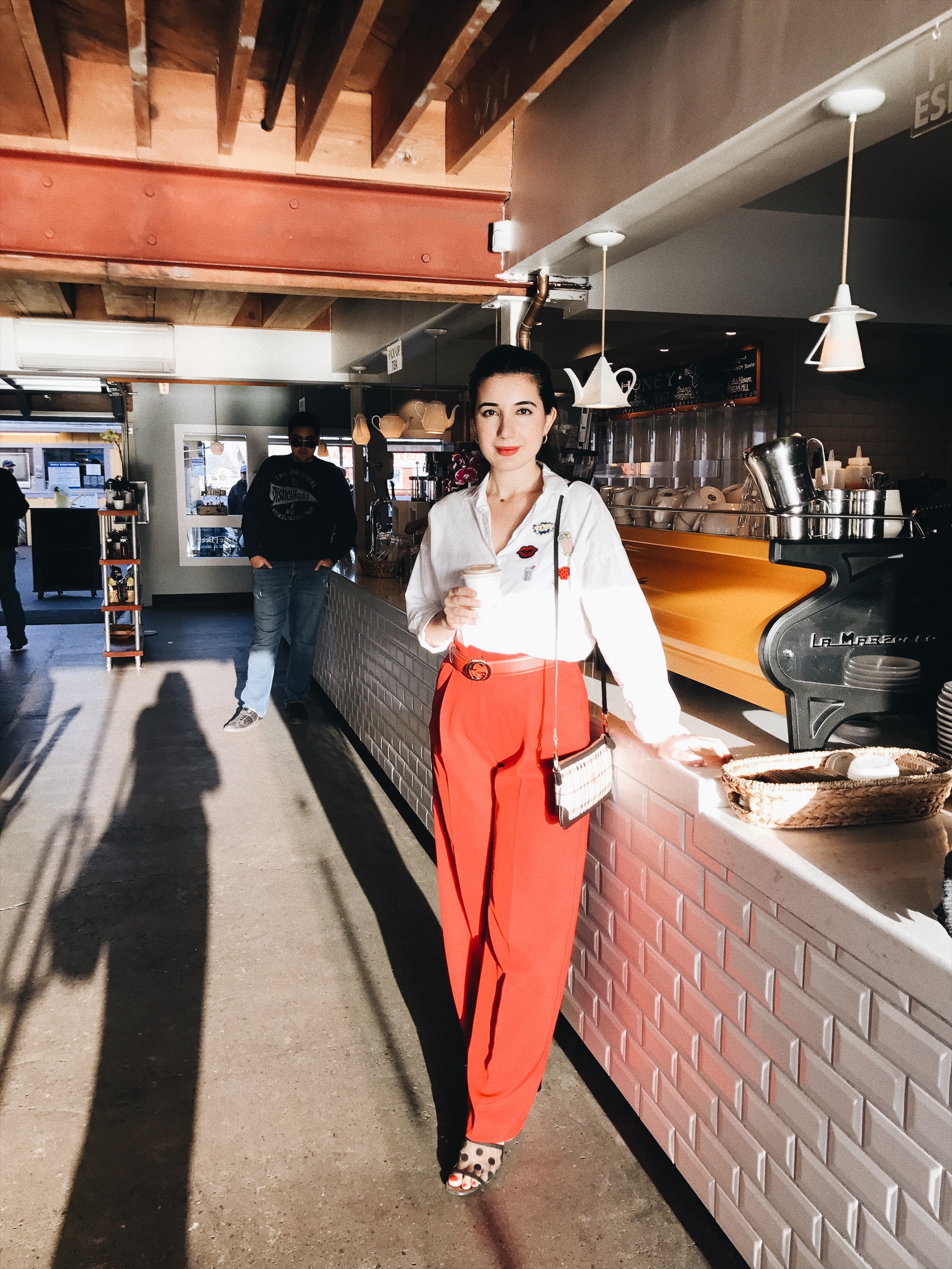 fashion blogger, red, red lips, red trousers, Monterey, CA, summer fashion, lookbook, outfit of the day, gold hoop earrings, oceanside, coffee shop, photography, Water and Leaves, Monterey, blogger, ootd, lotd, fashion advice, button down top, Zara, Mango, Gucci belt