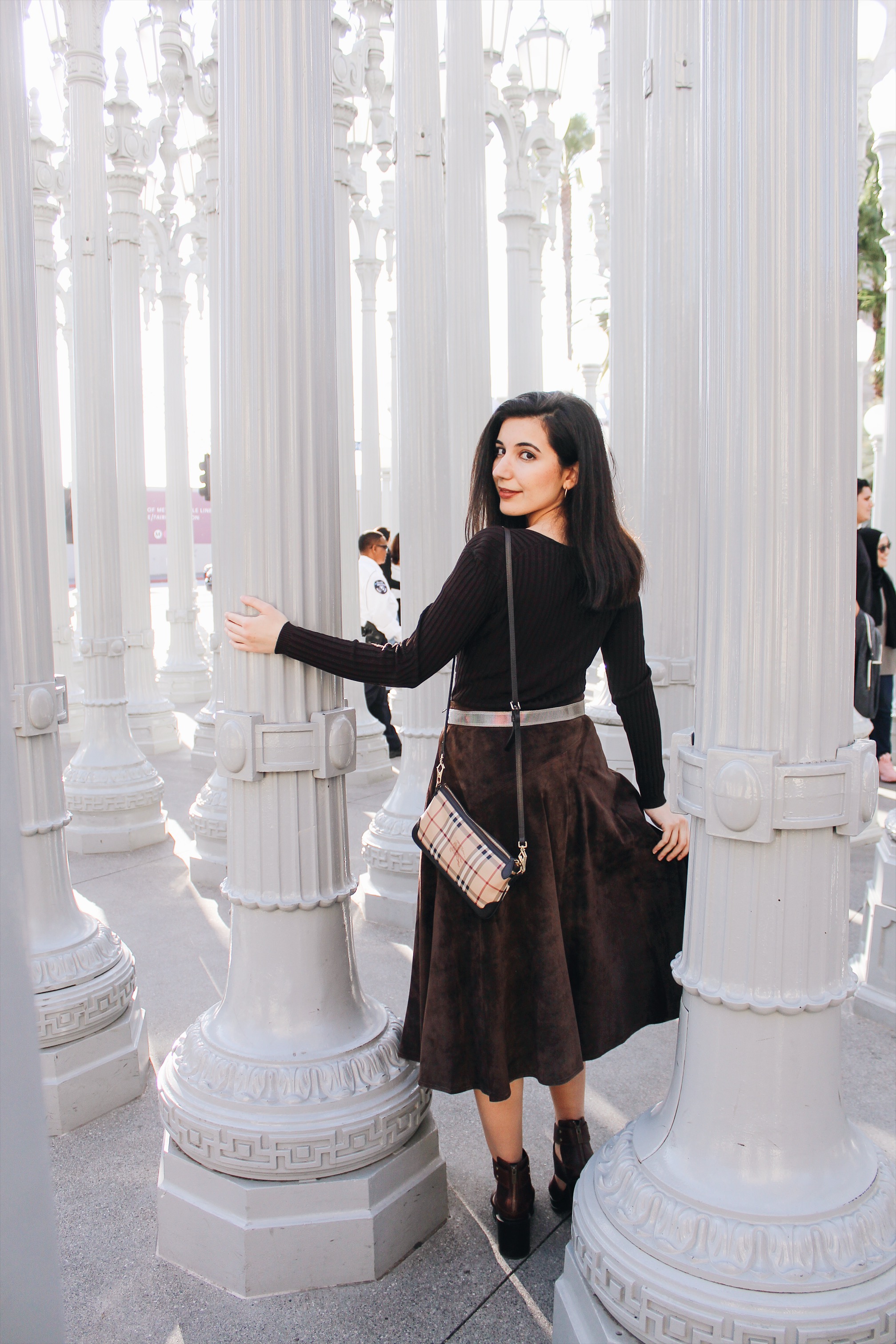 monochromatic outfit, brown suede, brown ankle boots, brown belt, Burberry, Burberry Spring 2019 Ready-to-Wear, Mr. Tisci, lookbook, ootd, outfit of the day, chic, winter style, Los Angeles street style, LA style, Los Angeles fashion blogger, style blogger, LA fashion blogger, Sorel, Burberry, mid-length skirt, vintage fashion, LACMA,