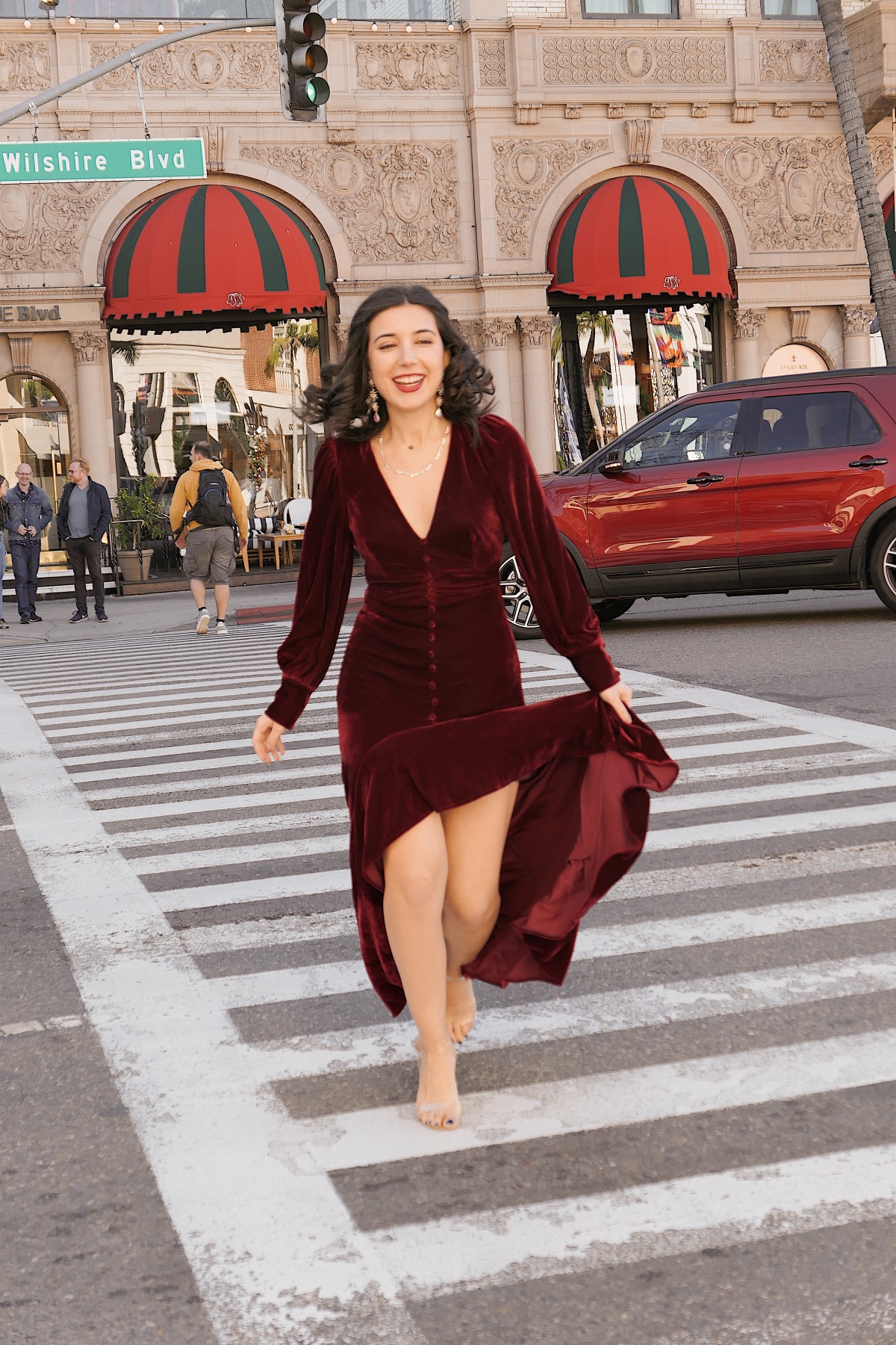 red velvet, Christmas dress, Christmas outfit, gown, red velvet, fashion blogger, LA blogger, Beverly Hills, Christmas in Beverly Hills, Christmas in Los Angeles, high fashion, luxury, Edwardian, vintage, rhinestone necklace, rhinestone earrings, Nanamacs, Jeffrey Campbell shoes, curly hair, red lips