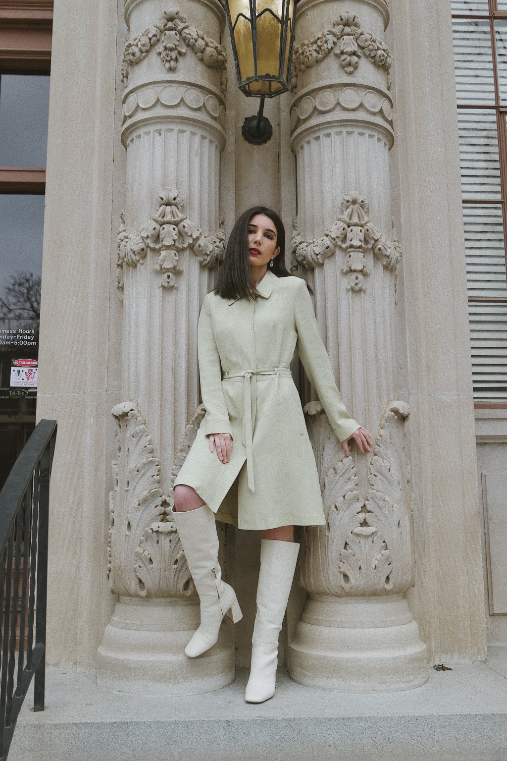 Pistachio dress, trench coat dress, green dress, Barneys New York, rhinestone earrings, midi dress, mid-length dress, button-down dress, vintage, vintage dress, vintage finds, mod, mod style, ‘60s fashion, go-go boots, white boots, knee-high boots, white knee-high boots, Stuart Weitzman, fashion blogger, what I wore, wiw, outfit of the day, ootd, Tezza App