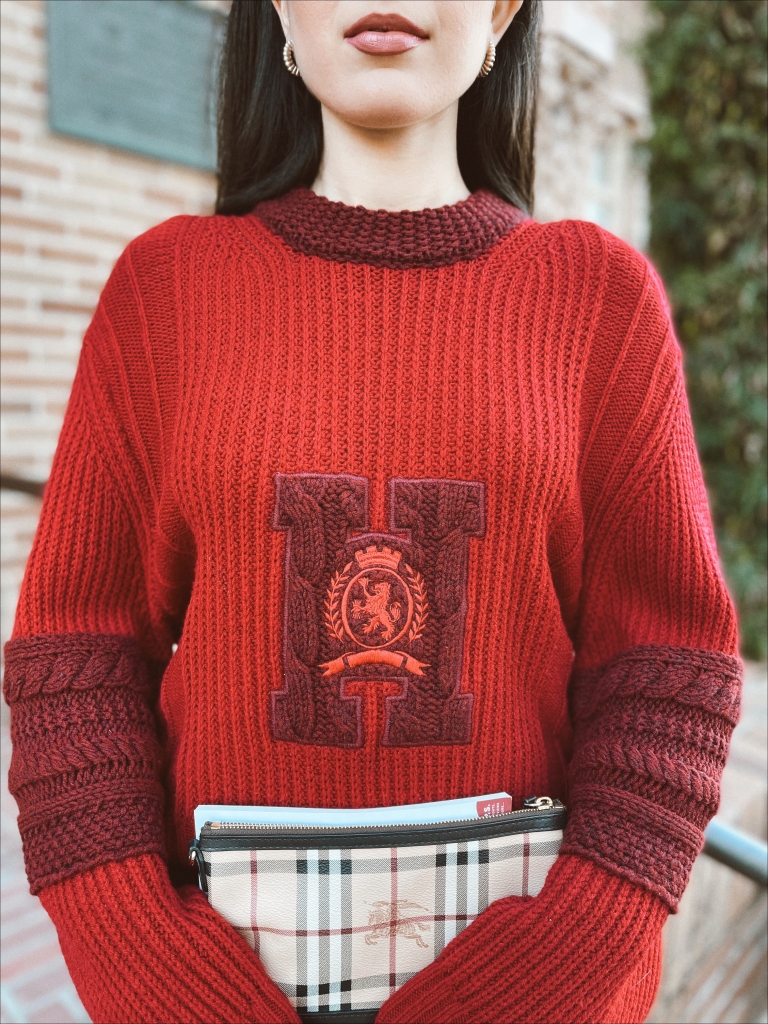 Tommy Hilfiger, preppy style, preppy, back to school style, fall fashion, high fashion, red sweater, oversized sweater, leather skirt, midi skirt, gold hoop earrings, red pumps